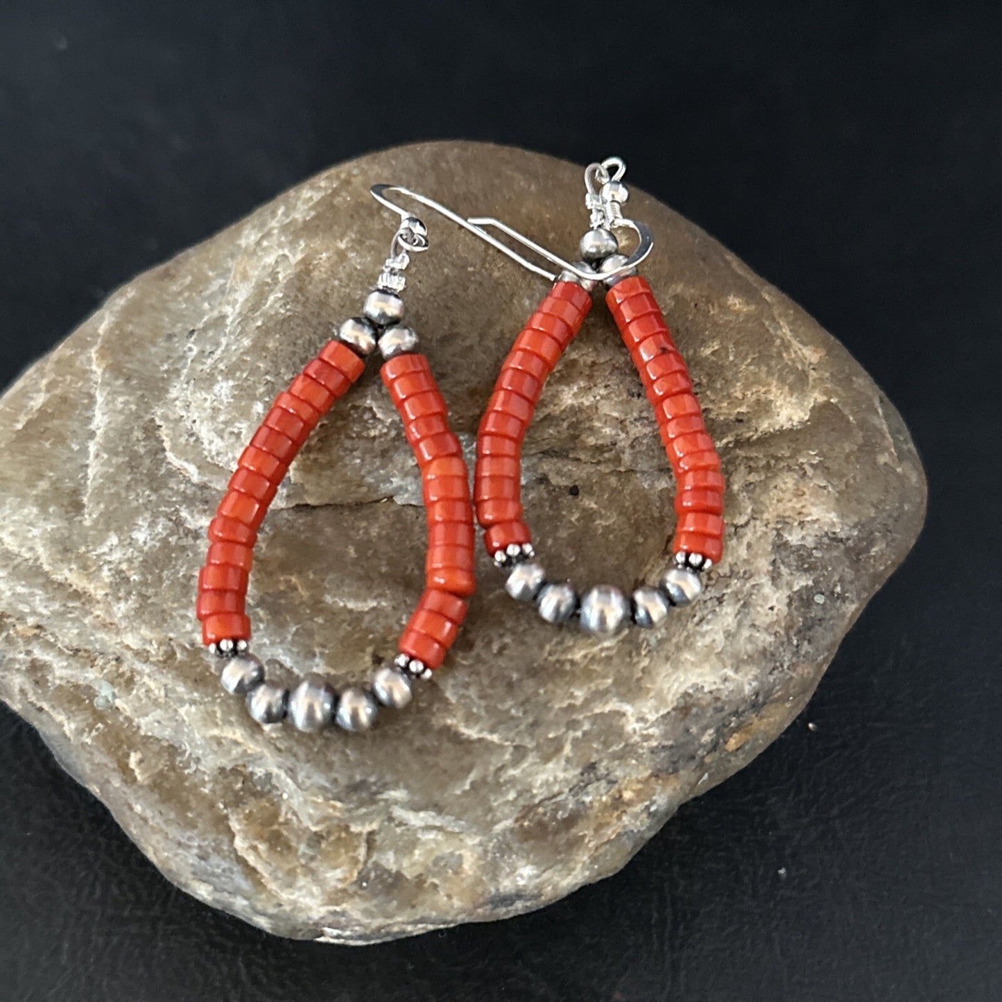 Native American Red Coral Bead Earrings Navajo Sterling Silver 14383