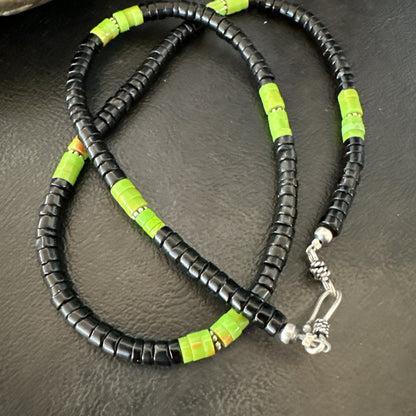 Mens Green Gaspeite Onyx Heishi Southwestern Sterling Silver Necklace 19” 18713