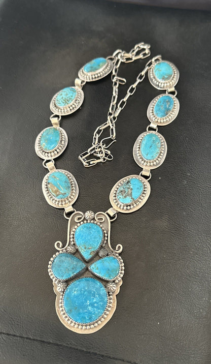 XXL Vintage Kingman Turquoise Navajo Sterling Silver Lariat Necklace 33” 19632