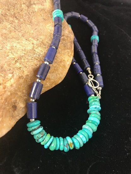 Blue Turquoise Lapis Navajo Pearls Sterling Silver Necklace 23" 03245