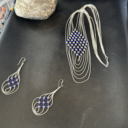 Lapis Heishi Tubes Pendant 7 Strand Sterling Silver Necklace Earrings 19753