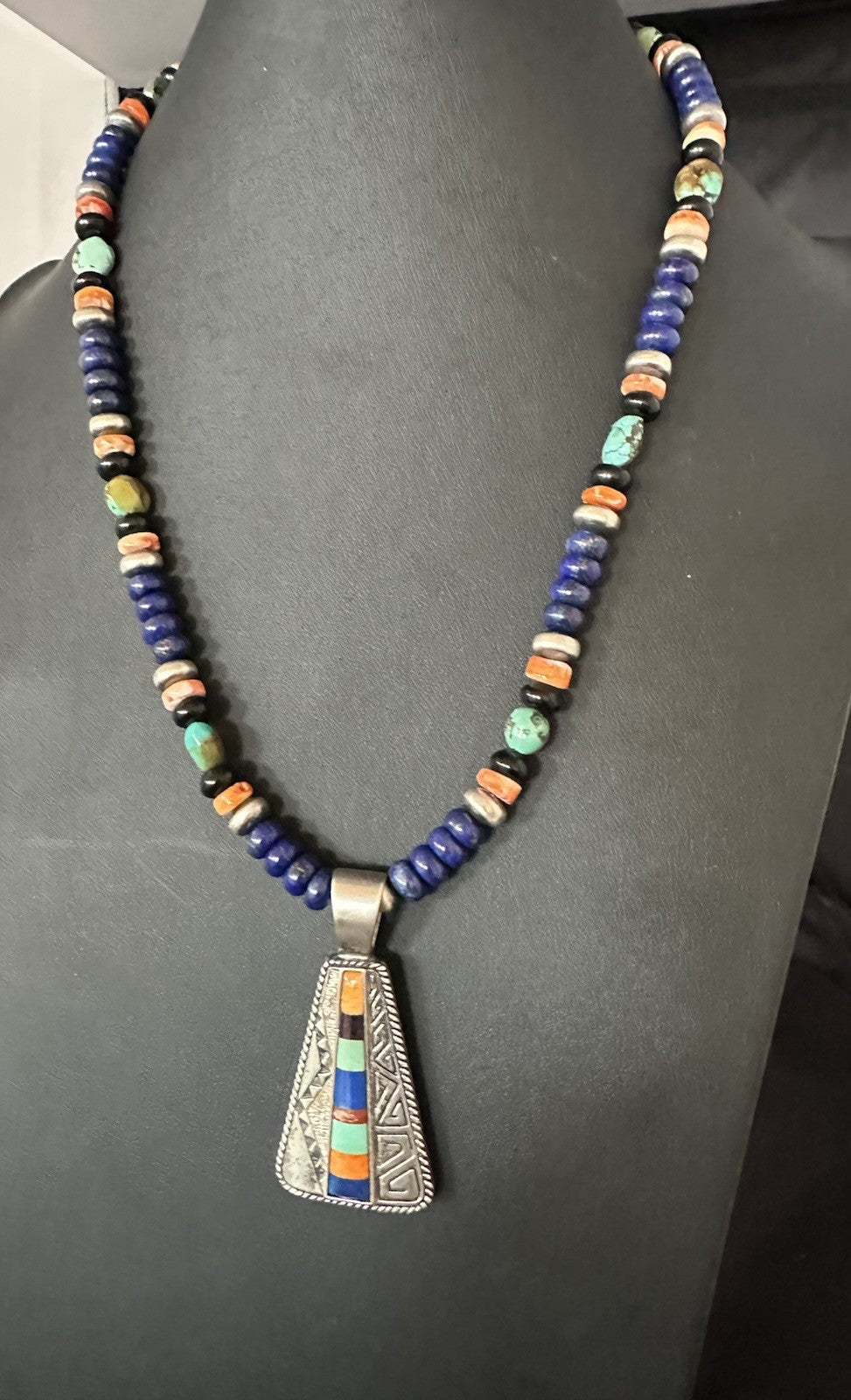 Multicolor Inlay Lapis Pendant Navajo Sterling Silver Necklace 22” 19467