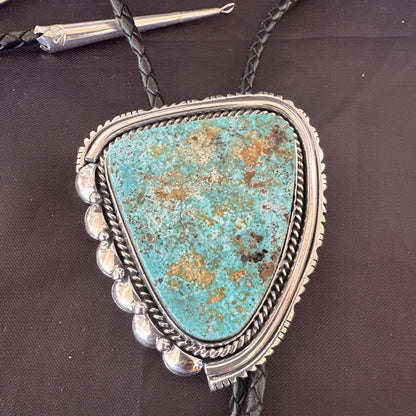 Native Mens Blue Green Royston Turquoise Bolo Tie Sterling Silver Navajo 19593