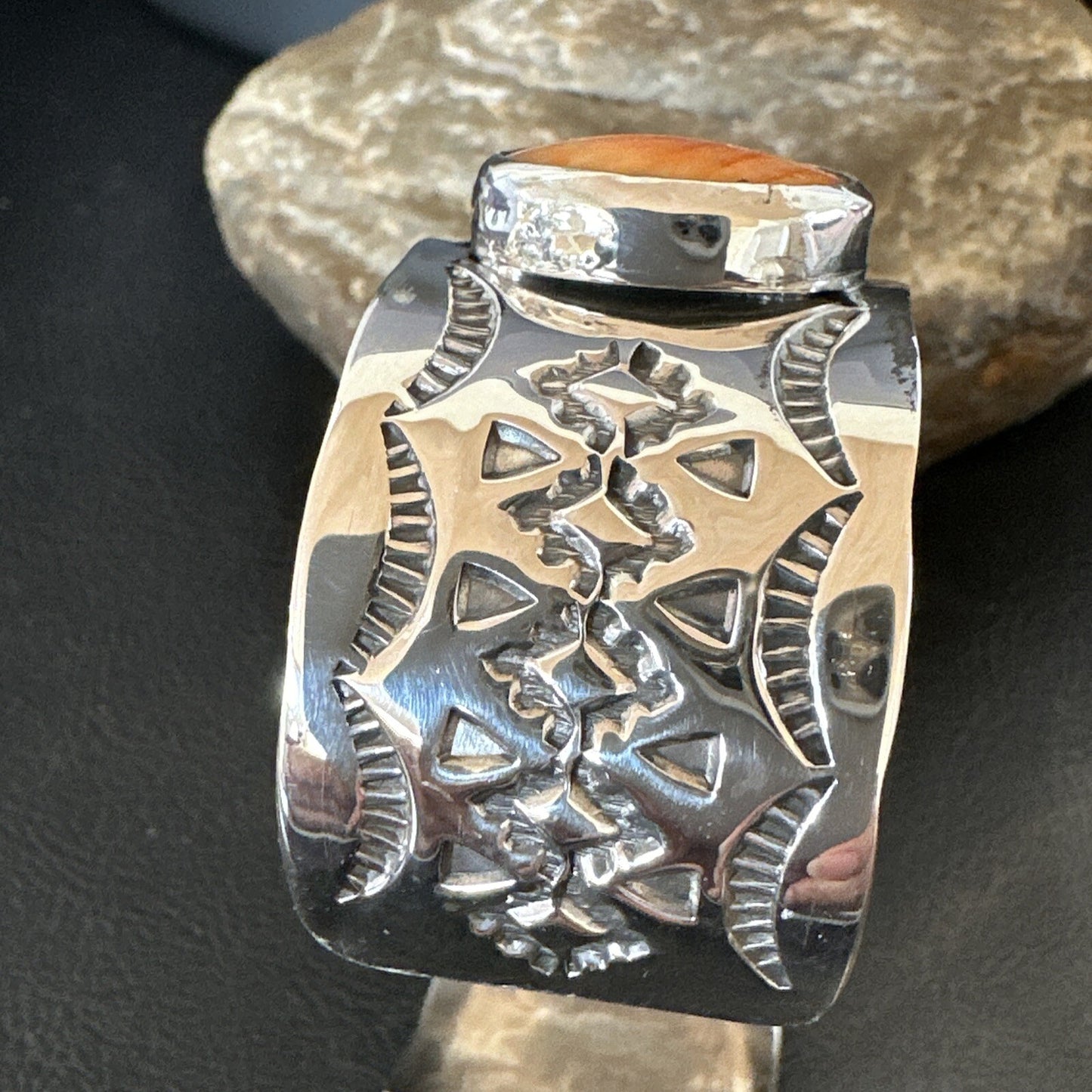 Stamped Orange Spiny Oyster Navajo Sterling Silver 5 Stone Cuff Bracelet 17942