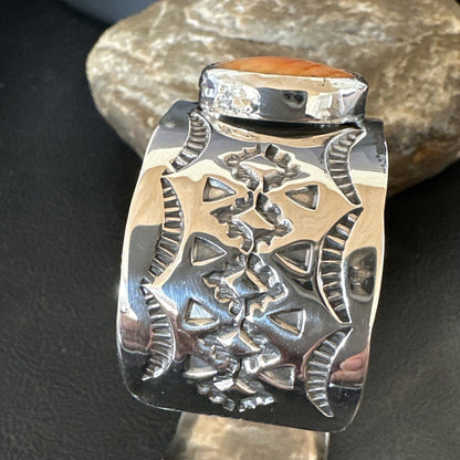 Stamped Orange Spiny Oyster Navajo Sterling Silver 5 Stone Cuff Bracelet 17942