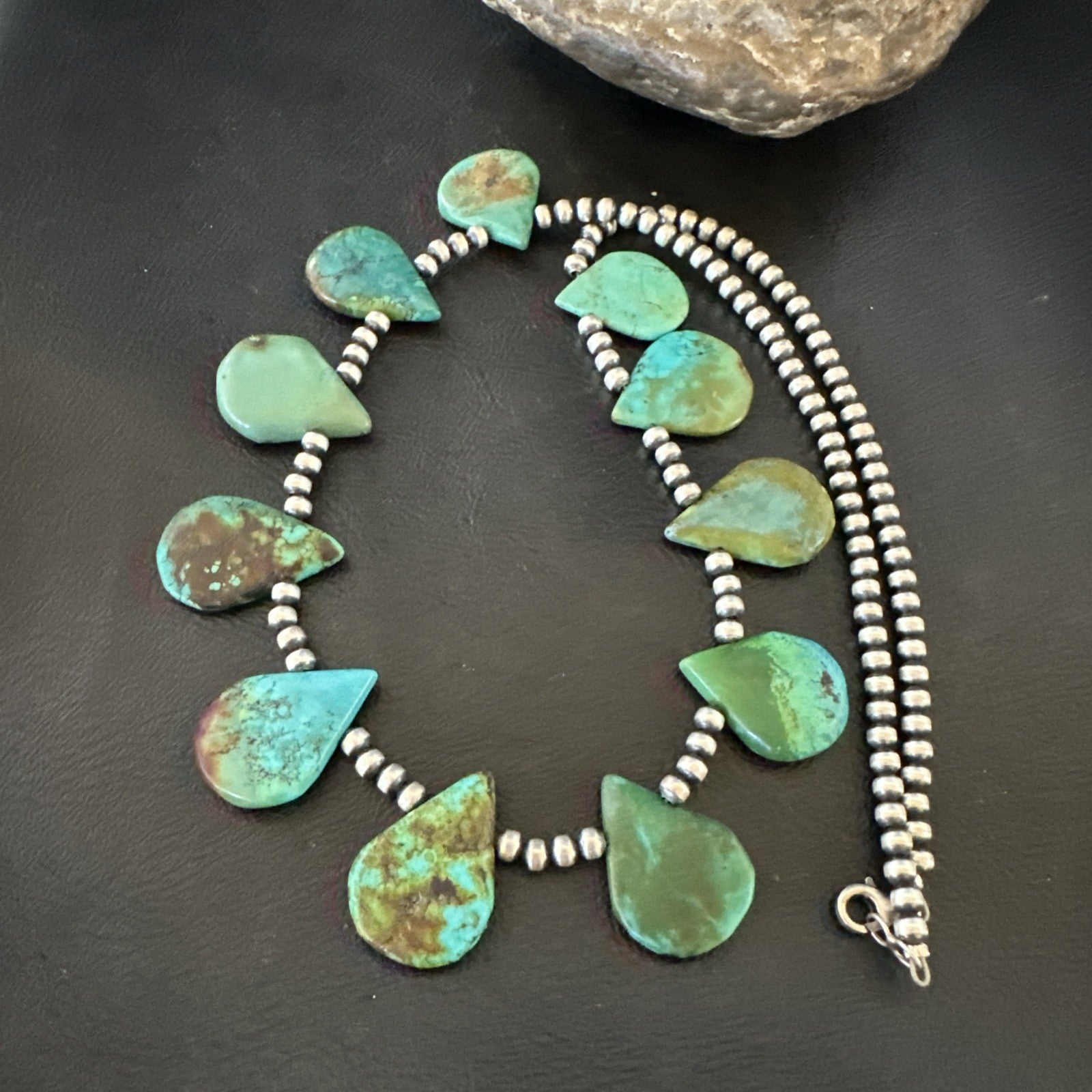 Blue Green Turquoise Teardrop Navajo Pearls Sterling Silver Necklace 14390