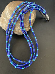 Lapis Turquoise Tube Beads 3 Strands Navajo Necklace | Sterling Silver | Authentic Native American Handmade | 12701