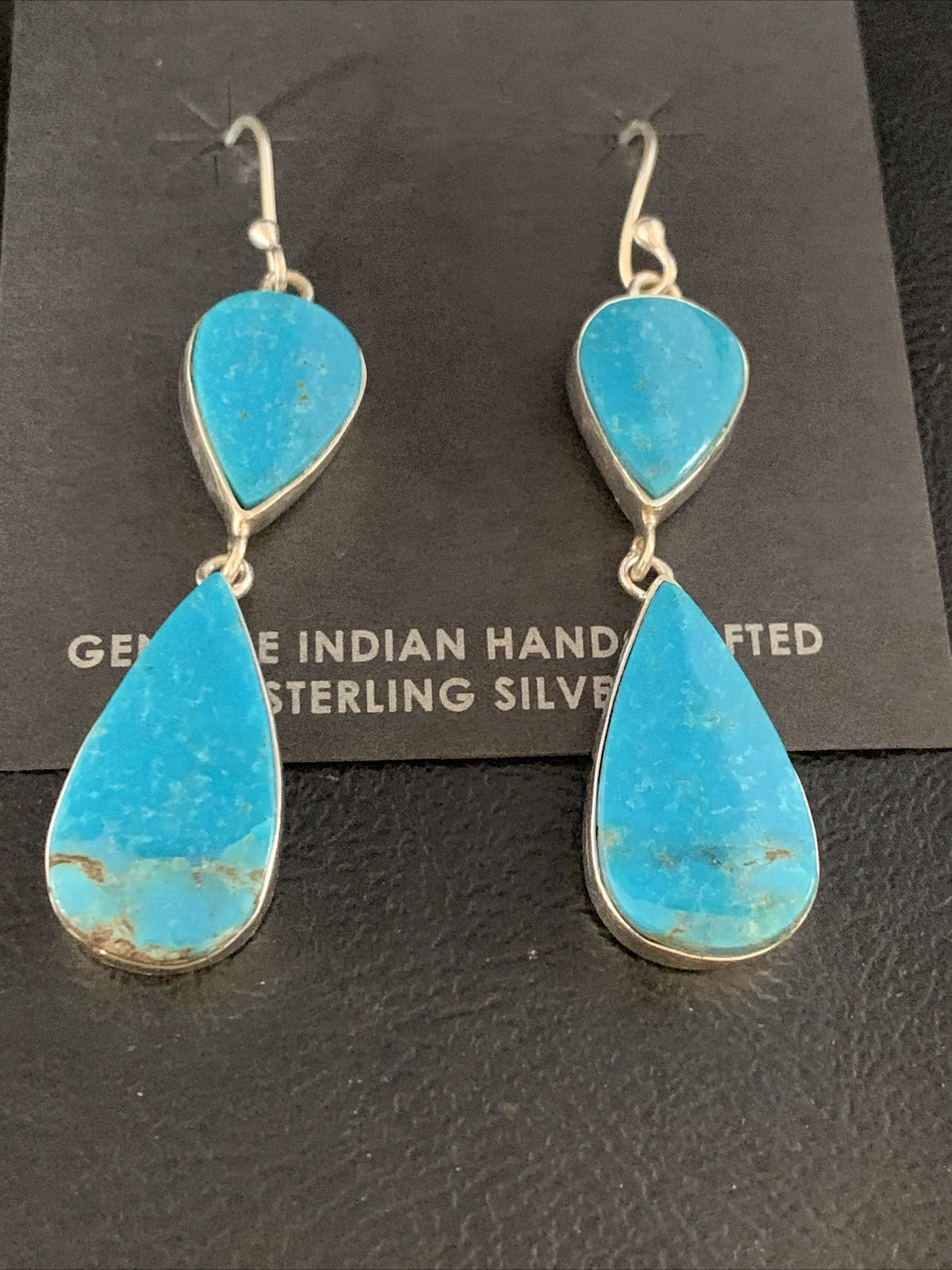 Blue Kingman Turquoise Navajo Sterling Silver Dangle Earrings 1.5" 14080