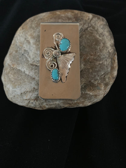 Mens Turquoise Navajo Stainless Sterling Silver Money Clip 02732
