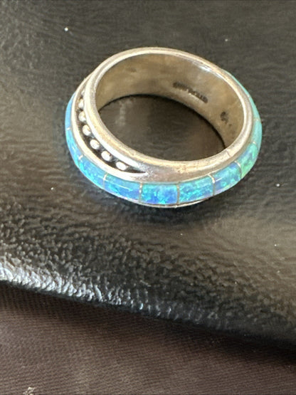 Blue Opal Navajo Sterling Silver Band Inlay Ring Size 8 18806