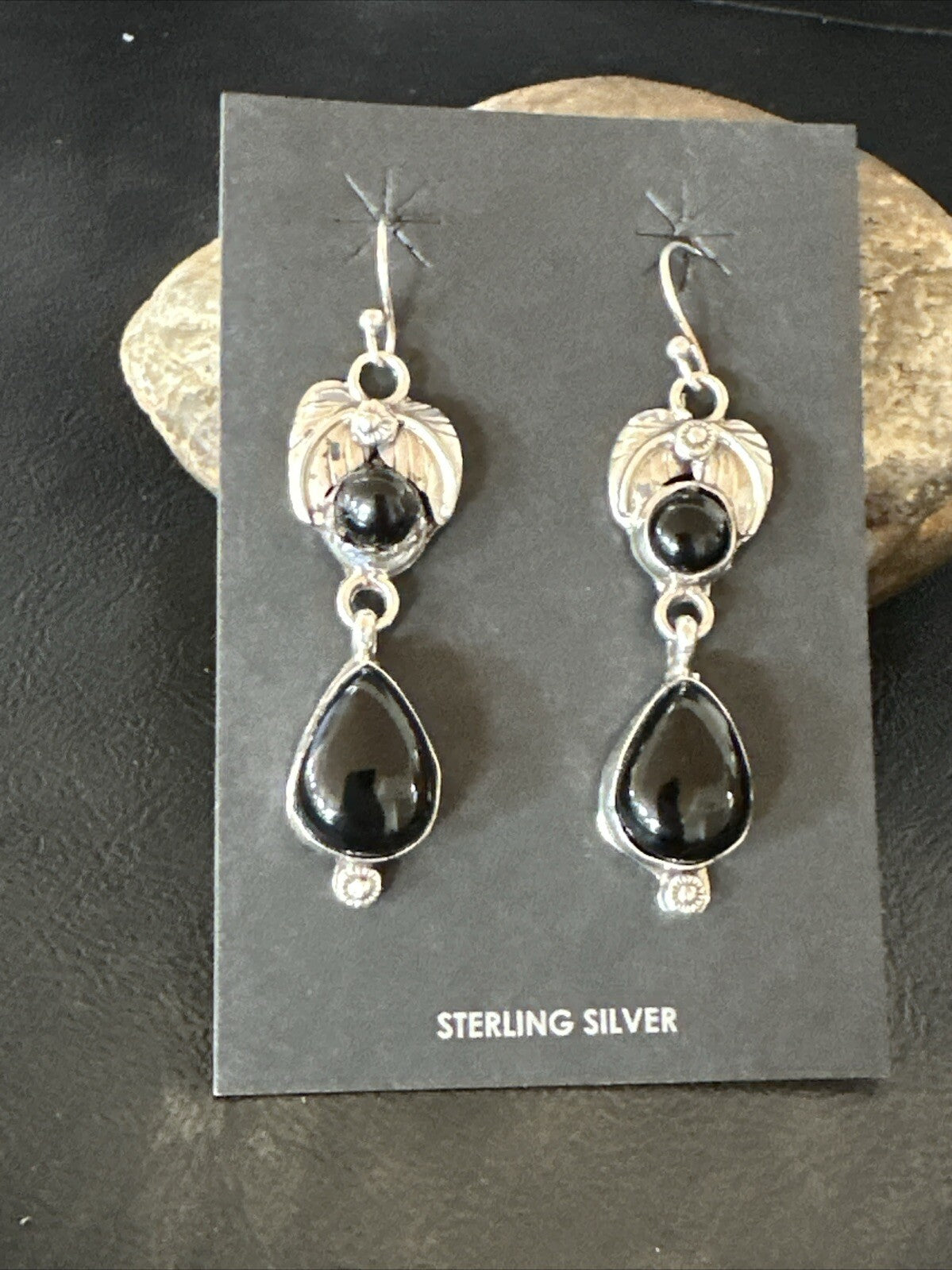 Black Onyx Navajo Sterling Silver Dangle Earrings 1.5" 18284