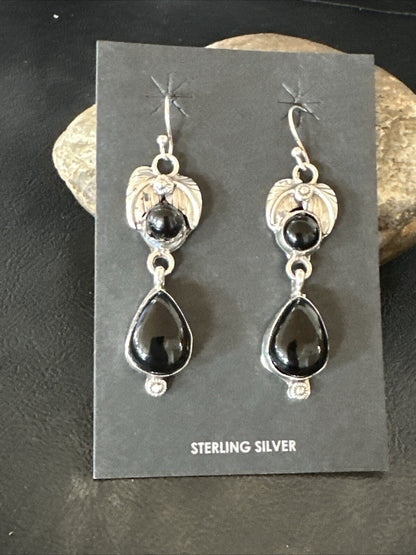 Black Onyx Navajo Sterling Silver Dangle Earrings 1.5" 18284
