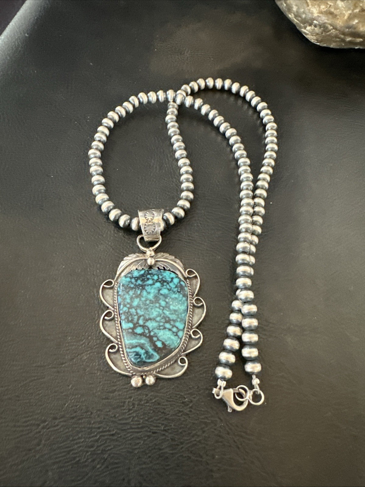 WoMens Blue Spiderweb Turquoise Pendant Navajo Sterling Silver Necklace 19298