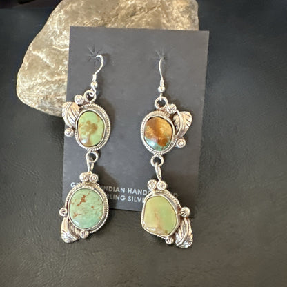 Green Royston Turquoise Navajo Sterling Silver Dangle Earrings 19600