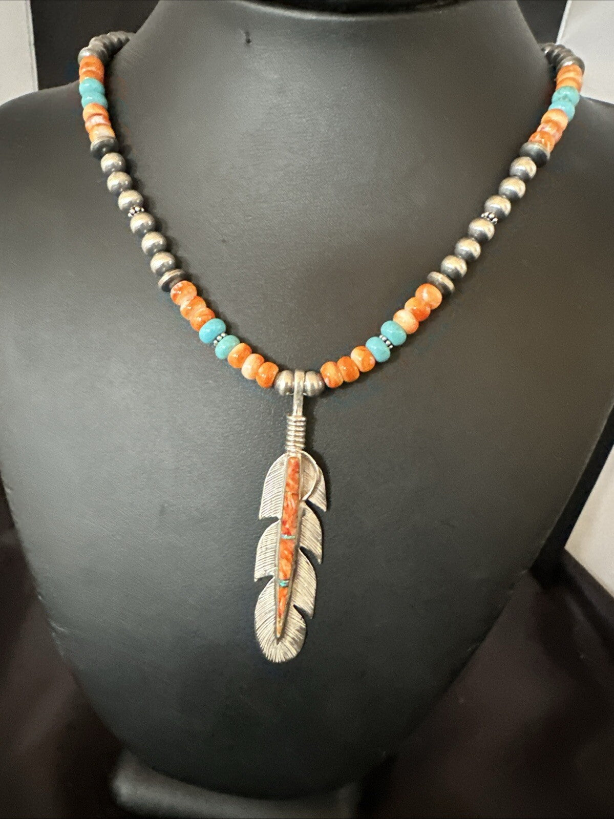 Feather Orange Spiny Opal Pendant Sterling Silver Turquoise Necklace 21” 18672