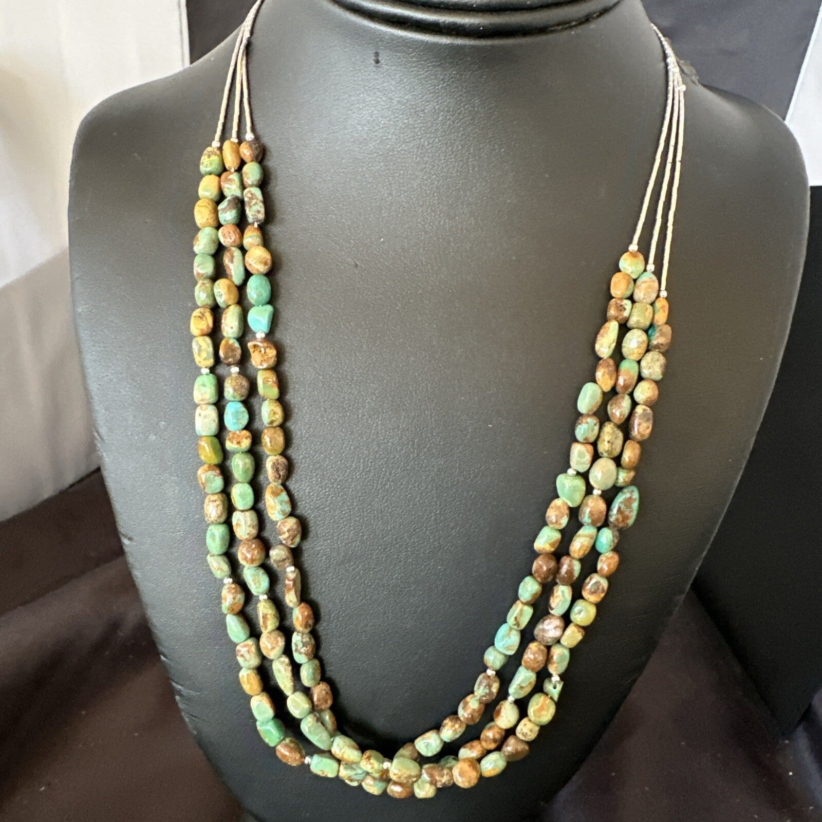 Sterling Silver Beads Heishi Green Turquoise 3 Strands Necklace 18821