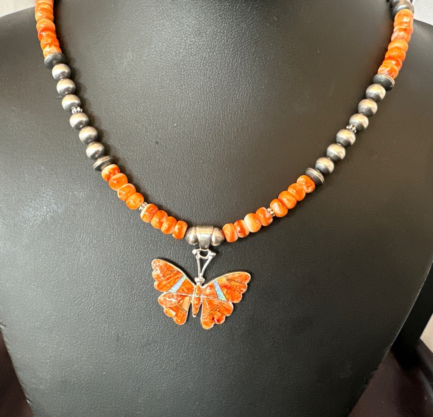 Butterfly Orange Spiny Oyster Opal Inlay Sterling Silver  Necklace Pendant 18676