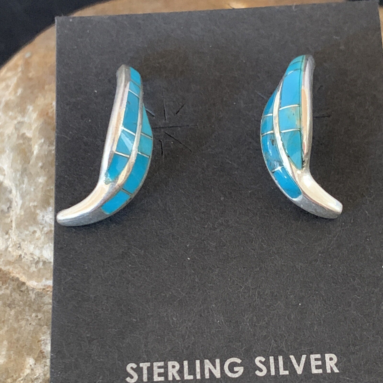 Blue Turquoise Southwestern Zuni Sterling Silver Inlay Hoop Earrings 0.75" 13022