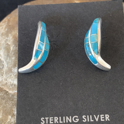 Blue Turquoise Southwestern Zuni Sterling Silver Inlay Hoop Earrings 0.75" 13022