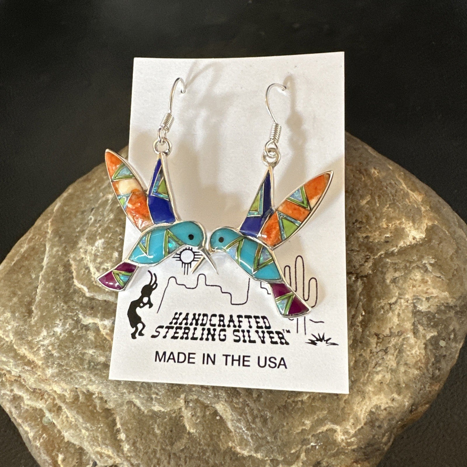 Blue Turquoise Spiny Opal Sterling Silver Hummingbird Dangle Earrings 19132