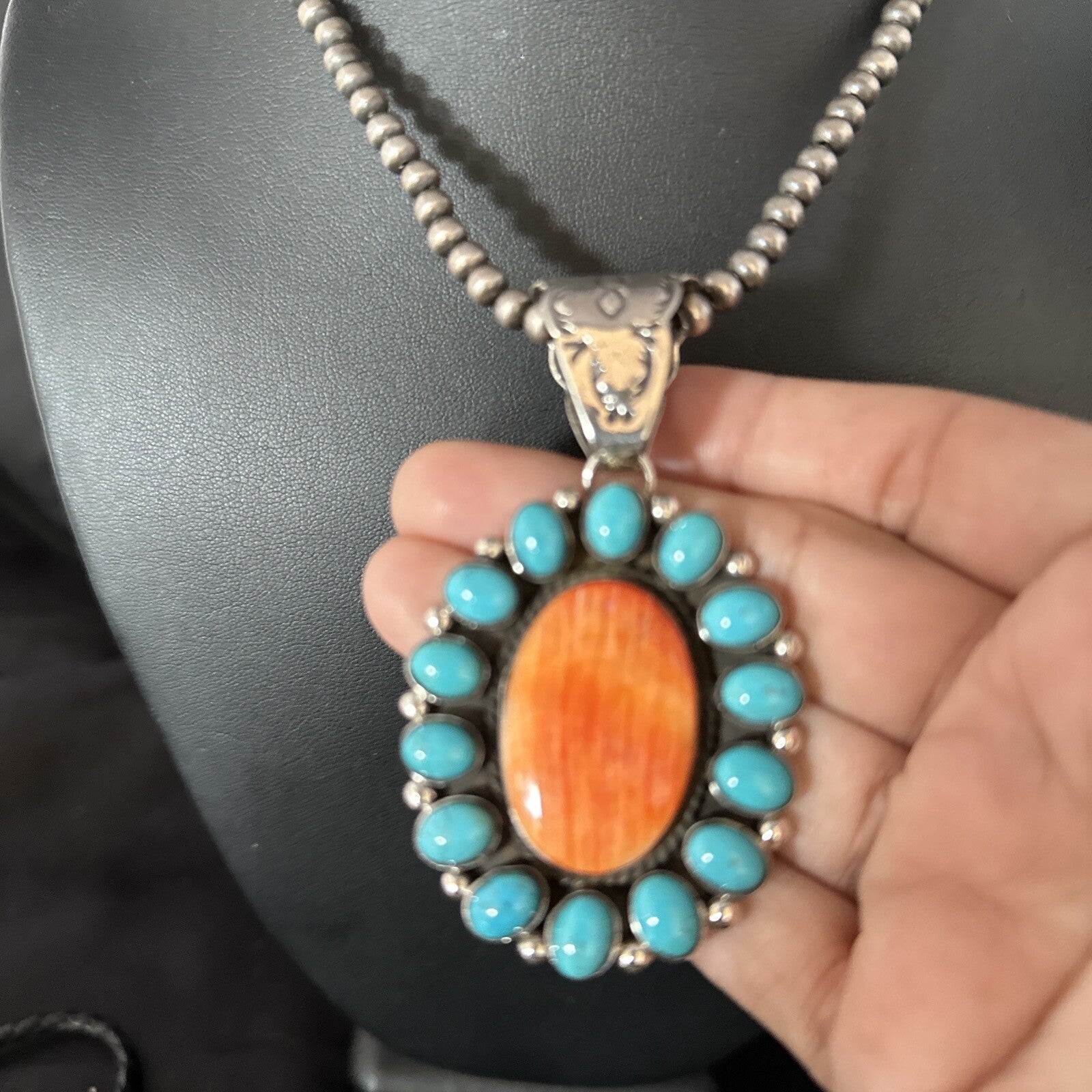 Blue Cluster Kingman Turquoise Sterling Orange Spiny Oyster Pendant 14278