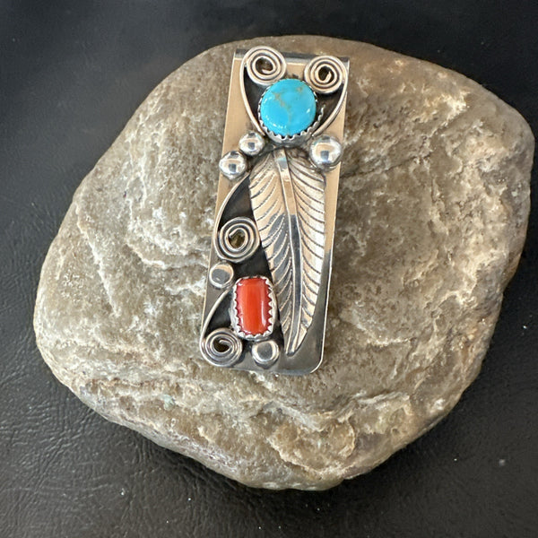 Men's Women Blue Turquoise Coral Navajo Stainless Stamped Silver Money Clip | Authentic Native American Handmade | 19736