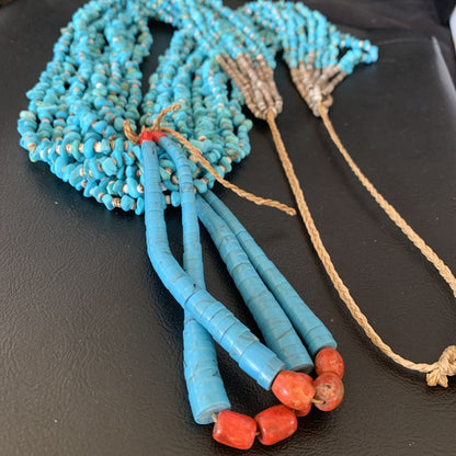 Native American Santo Domingo Blue Turquoise Coral 10S 38in Necklace 19031