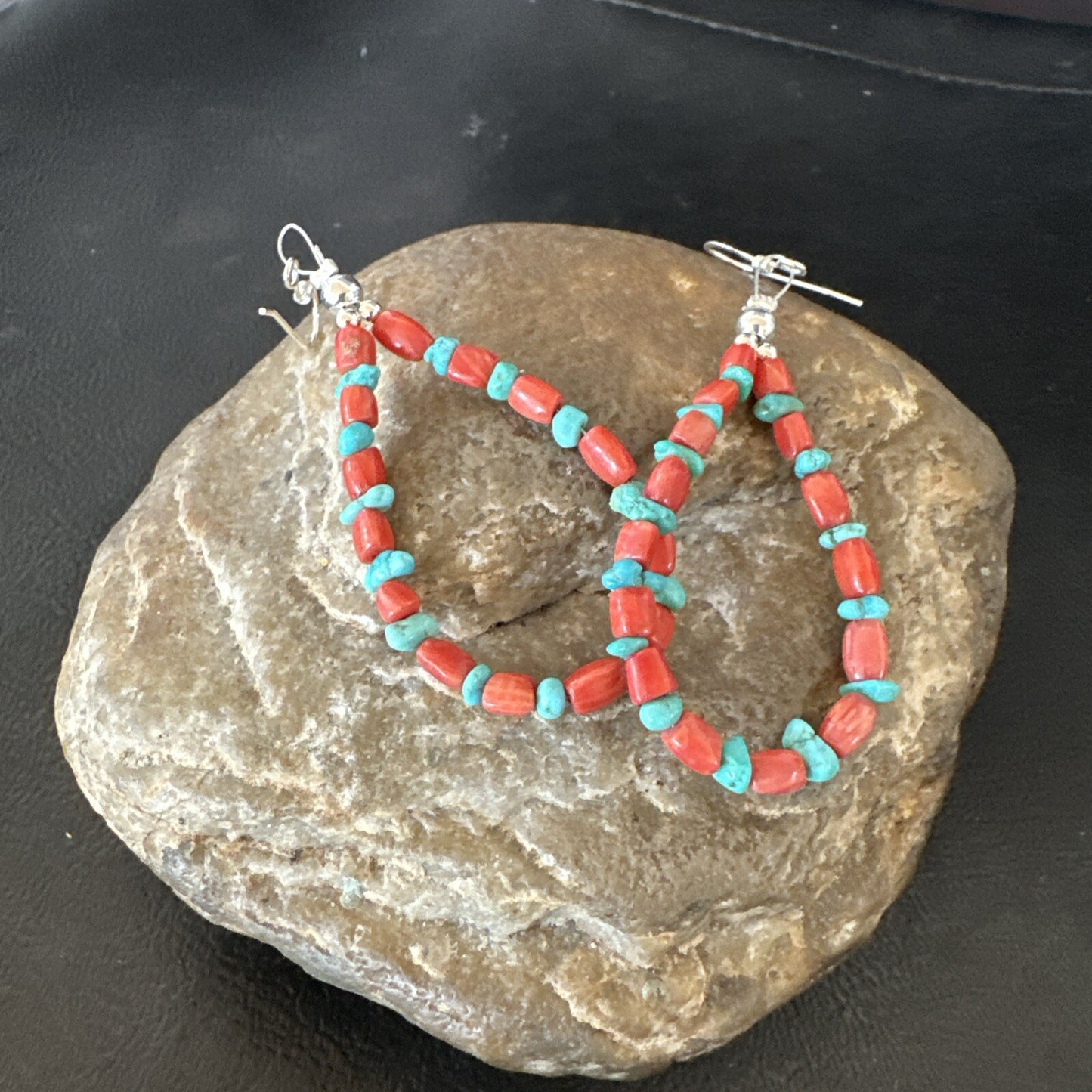 Blue Turquoise Coral Navajo Sterling Silver Earrings 2” 18835