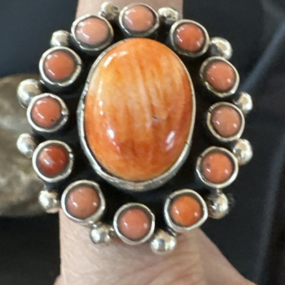 Orange Spiny Oyster Cluster Navajo Sterling Silver Ring Size 10 18397