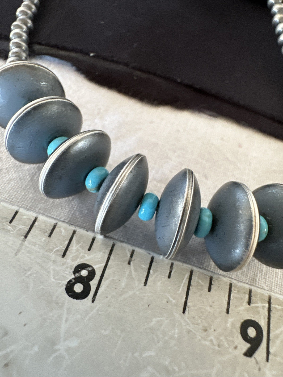 Blue Turquoise Round Flat Sterling Silver Beads Necklace 20” 19026