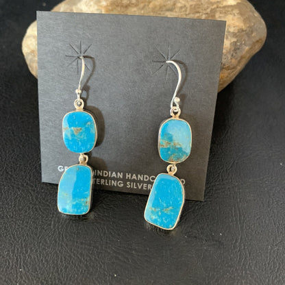 Kingman Turquoise Handmade Navajo Sterling Silver Dangle Earrings 1.5" 14010