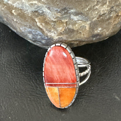 Women Orange Red Spiny Oyster Navajo Sterling Silver Ring Sz 8.5 17798