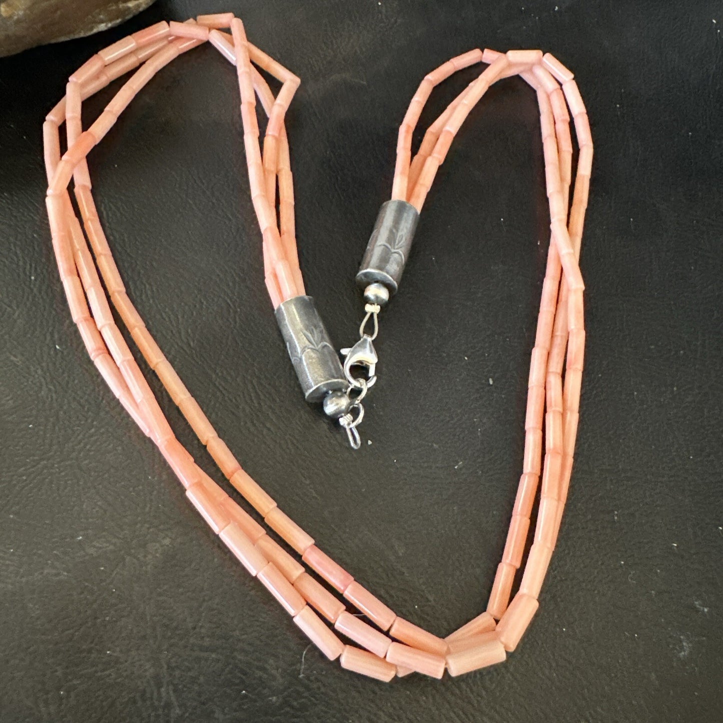 Native American Pink Coral Sterling Silver 3 Strand Necklace 21" 17817