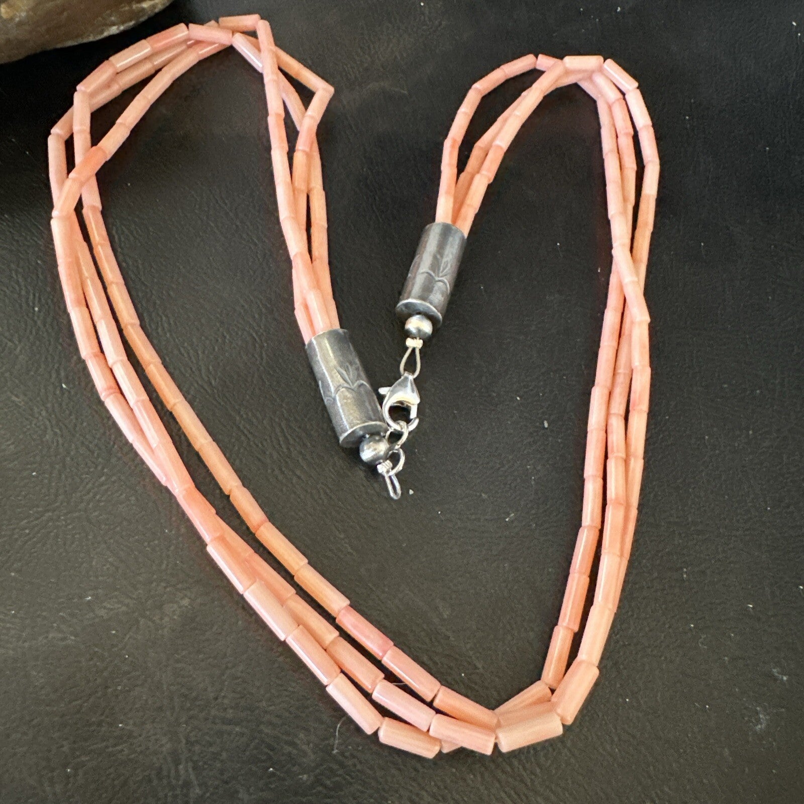Native American Pink Coral Sterling Silver 3 Strand Necklace 21" 17817