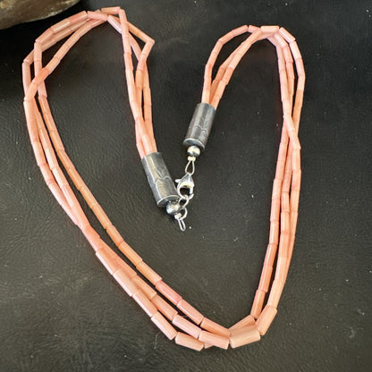 Native American Pink Coral Sterling Silver 3 Strand Necklace 21" 17817