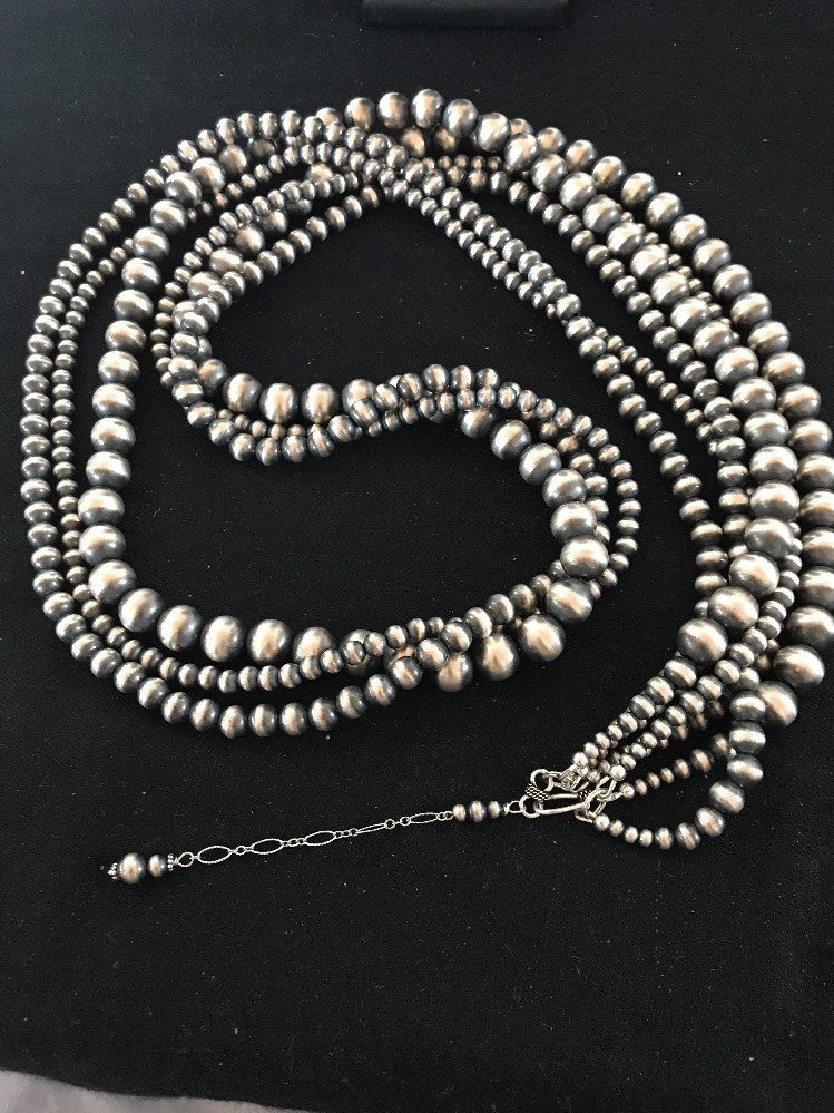 Native American Navajo Pearls Sterling Silver Bead Necklace 60” Long 3 Strands