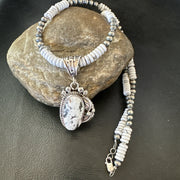White Buffalo Turquoise Pendant Navajo Pearls Necklace 20" | Sterling Silver | Authentic Native American Handmade | 19498