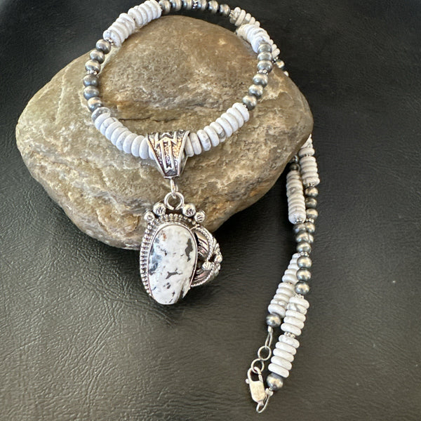 White Buffalo Turquoise Pendant Navajo Pearls Necklace 20" | Sterling Silver | Authentic Native American Handmade | 19498