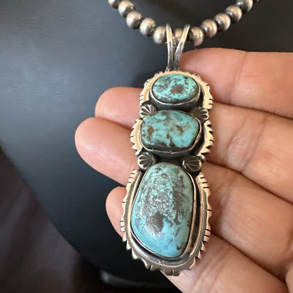 Blue Kingman Turquoise 3 Stone Navajo Sterling Silver Cluster Pendant 17633