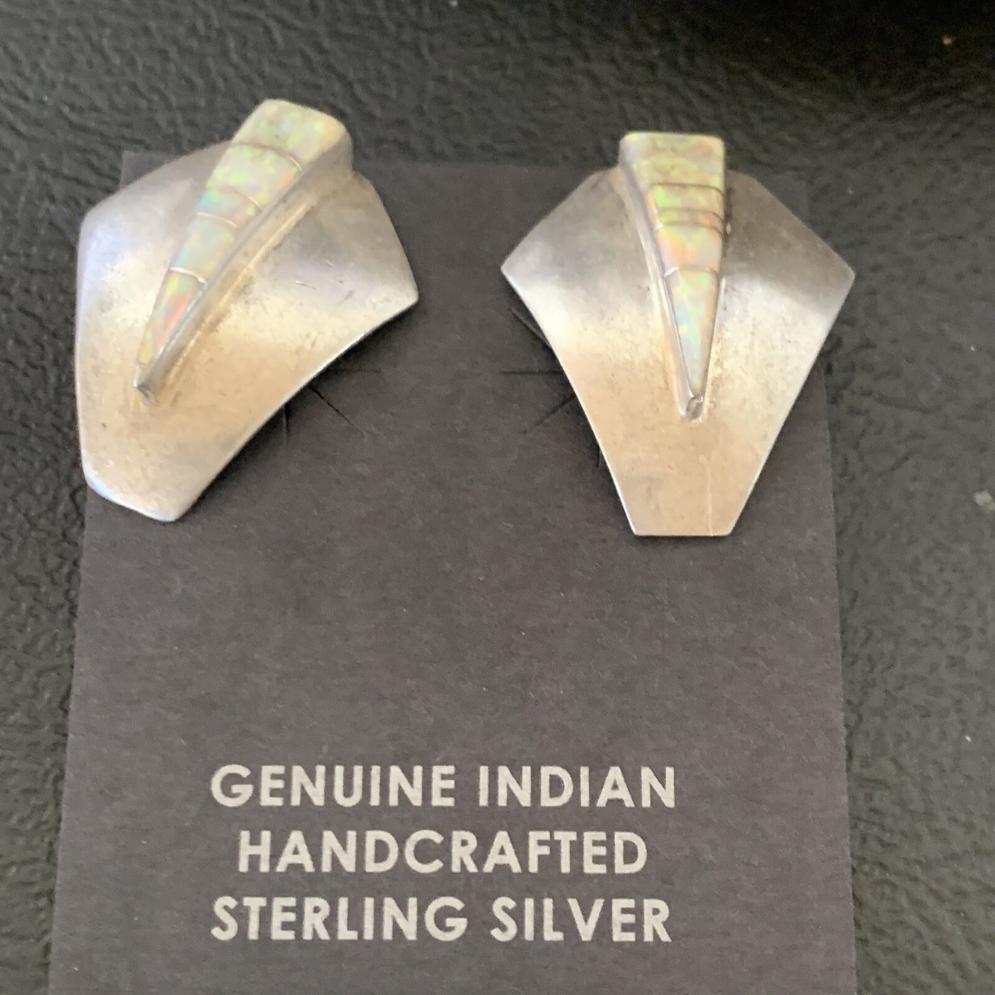 Womens White Opal Inlay Navajo Sterling Silver Dangle Post Earrings 0.5" 12766