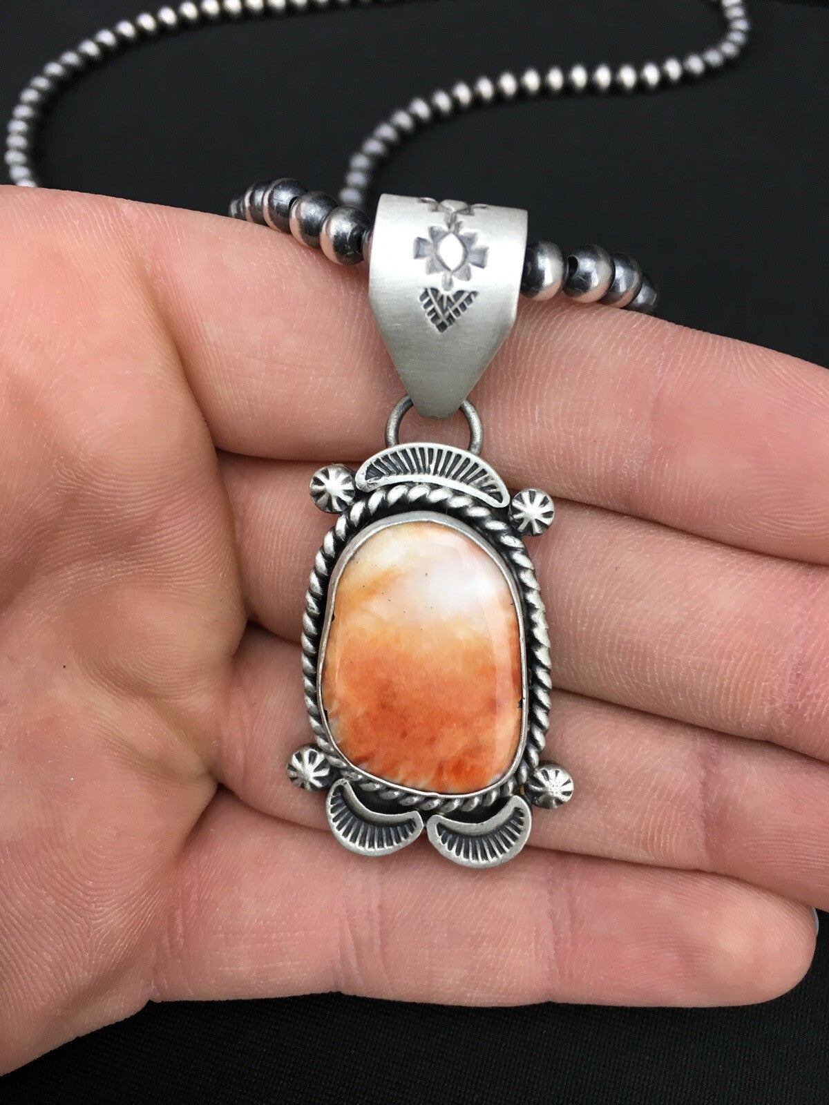 Native Orange Spiny Oyster Pendant Navajo Sterling Silver Necklace 04907