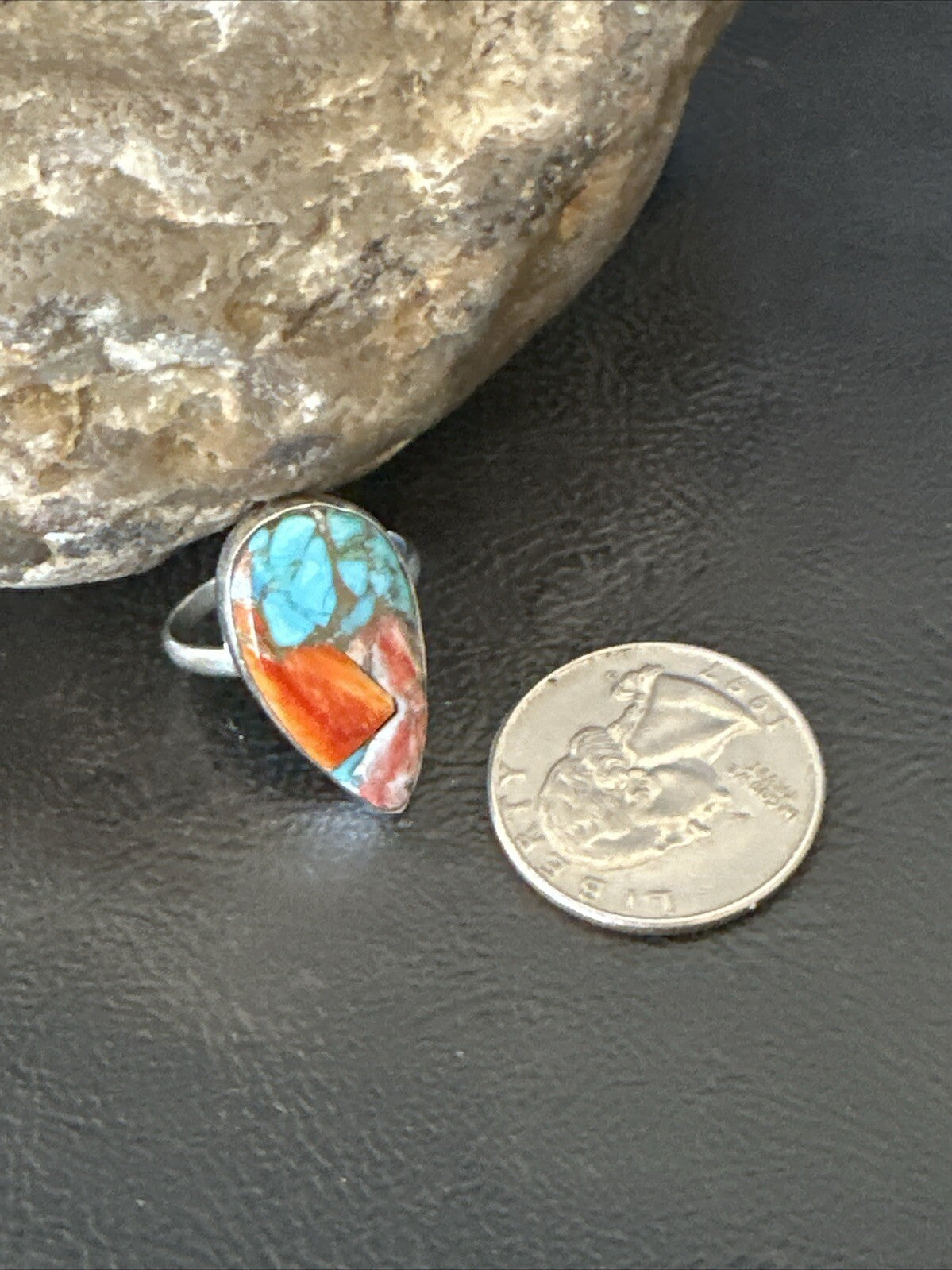 Blue Turquoise Spiny Oyster Southwestern Sterling Silver Ring Size 8 18435