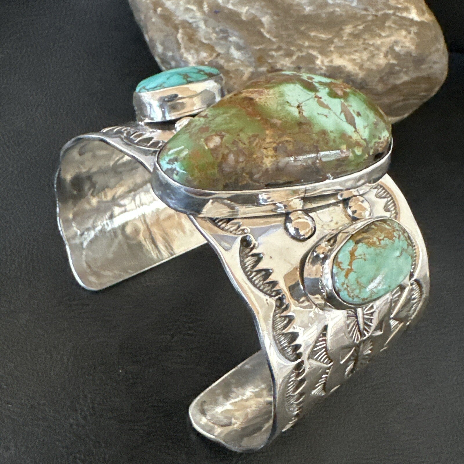 Navajo Green Royston TURQUOISE Stamped Sterling Silver Cuff Bracelet 17938