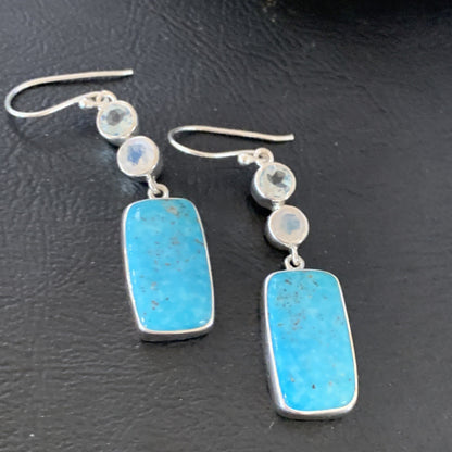 Womens Blue Kingman Turquoise Navajo Sterling Silver Earrings 12036