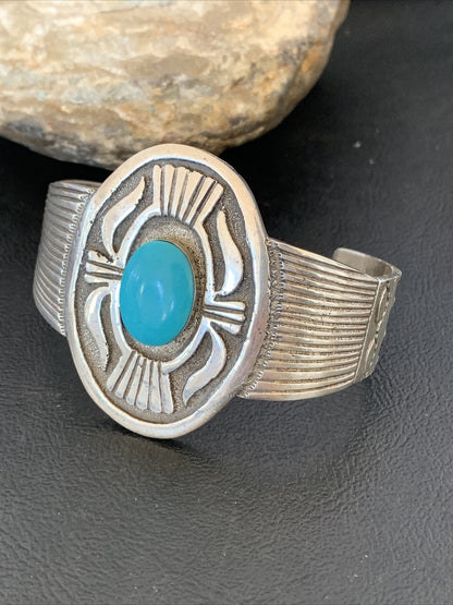 Mens Blue Kingman Turquoise Navajo Sterling Silver Cuff Bracelet 1654