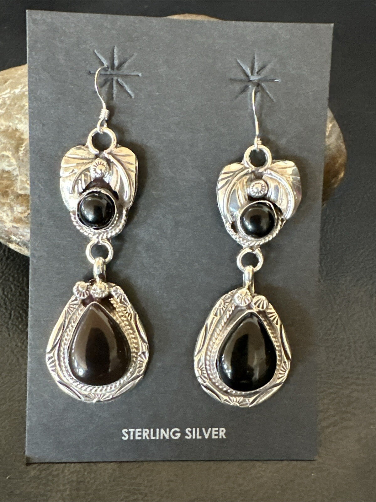 Black Onyx Navajo Sterling Silver Dangle Earrings 1.5" 18286