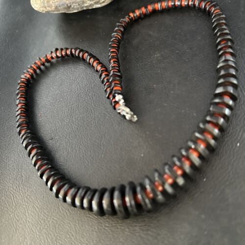 Navajo Bamboo Coral Black Onyx Necklace Sterling Silver 20" 14432