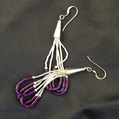Purple Stone 3 Strands Heishi Liquid Sterling Silver Dangle Earrings 1997