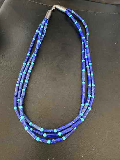 Lapis & Turquoise Tube Beads 3 Strands Navajo Sterling Silver Necklace 12701