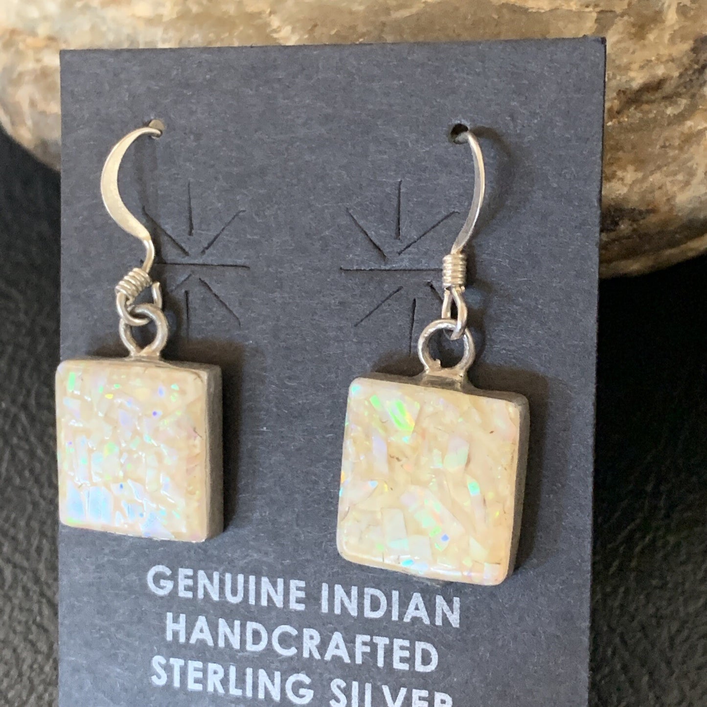 Womens White Opal Inlay Navajo Sterling Silver Dangle Drop Earrings 12768